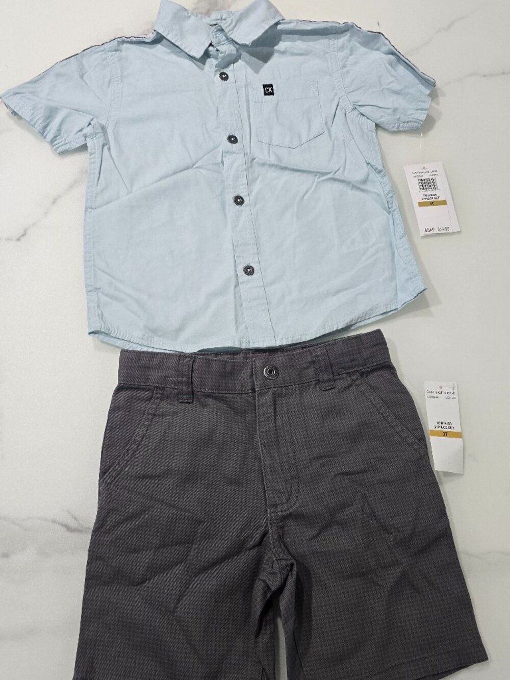 Calvin Klein Jeans Toddler Boys 2 Pc Outfit Set Shirt Shorts Blue Gray 3T NWT